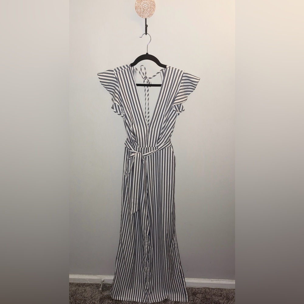 Blue and White Striped Jumpsuit with Waist Tie